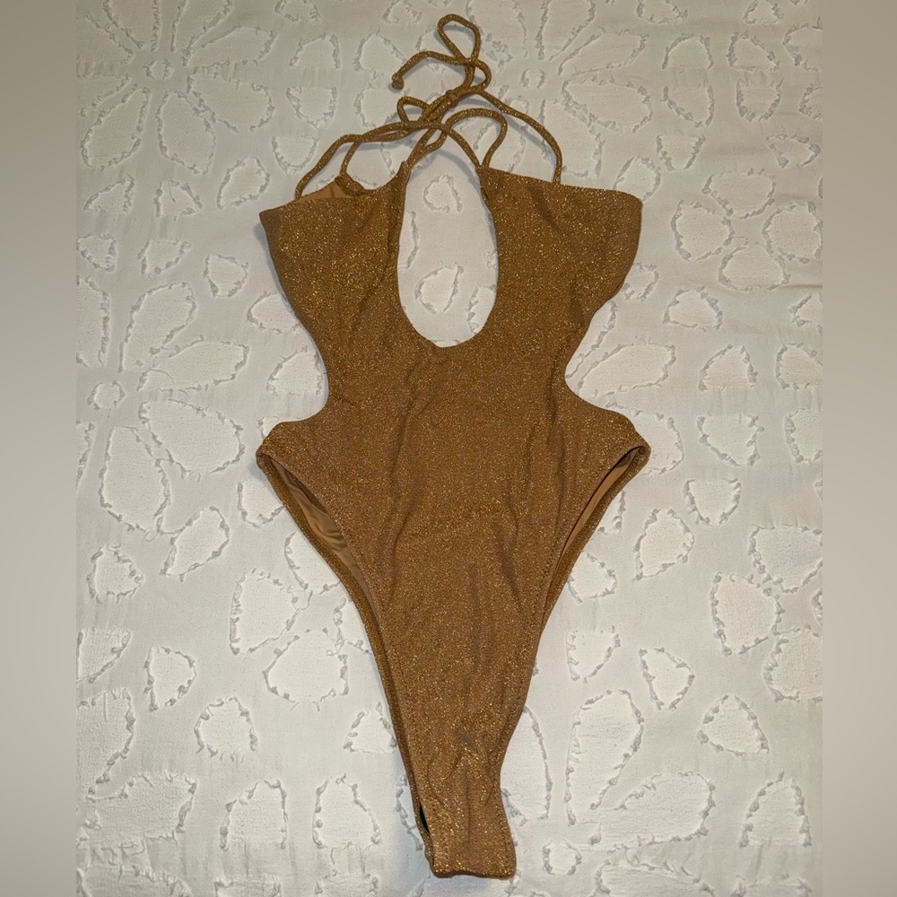 White Fox Boutique Shimmer Cutout One-Piece Swimsuit in Metallic Brown